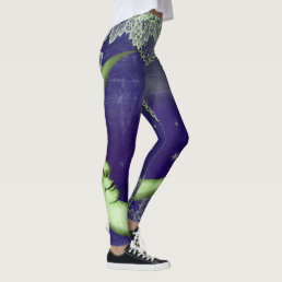Cool Lime Green Quarter Moon &amp; Lace on Purple Leggings