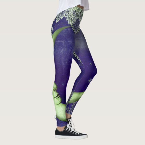 Cool Lime Green Quarter Moon  Lace on Purple Leggings