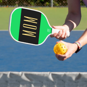 Cool Lime Green Wide Black Center Stripe MOM Text Carbon Fiber Pickleball Paddle