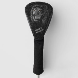Cool Lion Black Marble Background Monogram  Golf Head Cover