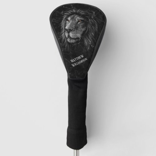 Cool Lion Black Marble Background Monogram  Golf Head Cover