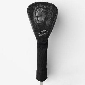 Cool Lion Black Marble Background Monogram  Golf Head Cover