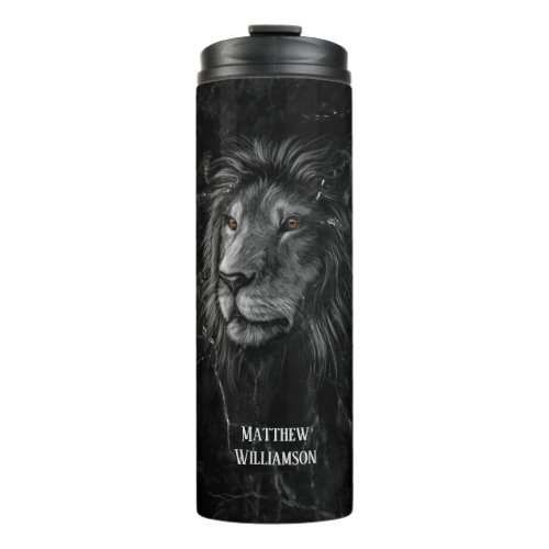 Cool Lion Black Marble Background Your Name  Thermal Tumbler