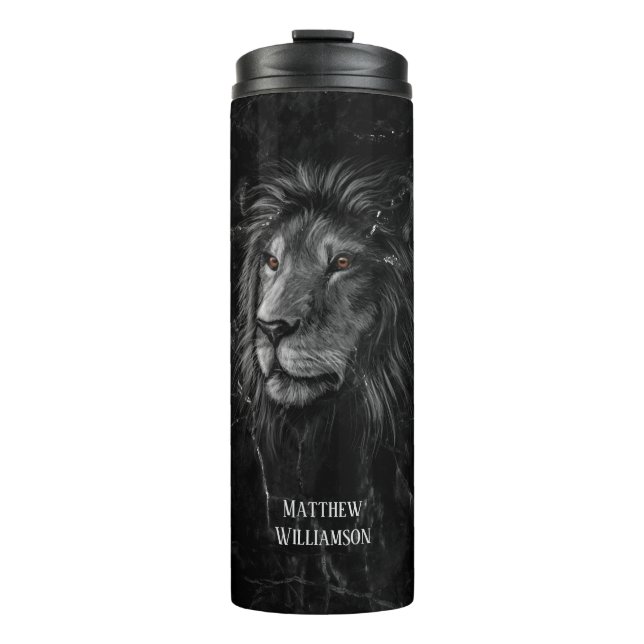 Cool Lion Black Marble Background Your Name  Thermal Tumbler (Front)