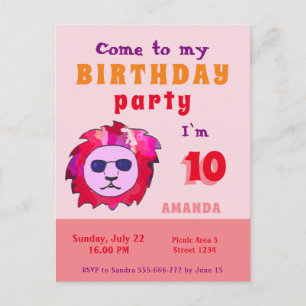 Cool Lion Pink Kid`s Birthday Party Invitation Postcard