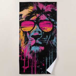 Cool Lion with Sunglasses Neon Pop Art Beach Towel
