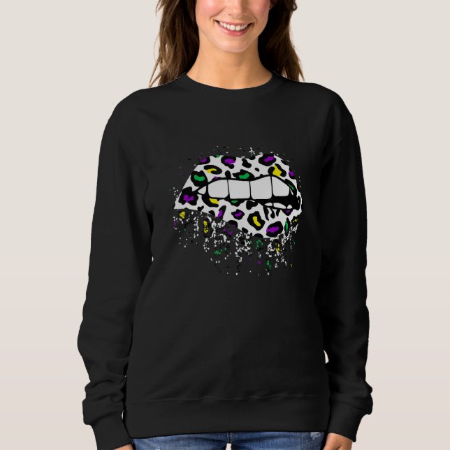 Cool Lips Bite Kiss Me Leopard Print Cheetah Mardi Sweatshirt (Front)