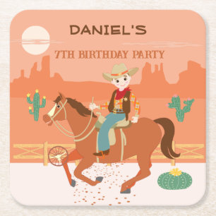 Cool little cowboy and horse Birthday Party Square Paper Coaster