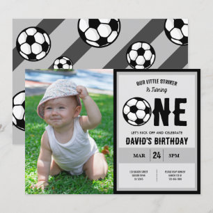 Cool Little Striker Soccer Photo 1st Birthday Invitation