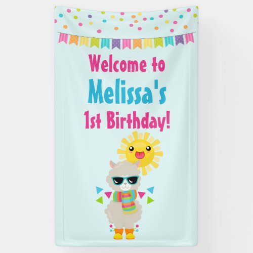 Cool Llama and Smiling Kawaii Sun Birthday Banner