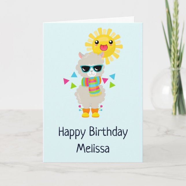 Cool Llama and Smiling Kawaii Sun Birthday Card (Front)