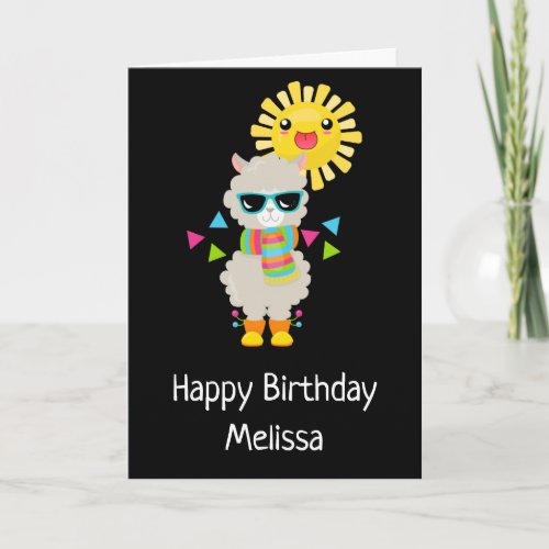 Cool Llama and Smiling Kawaii Sun Birthday Card