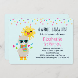 Cool Llama and Smiling Kawaii Sun Birthday Invitation