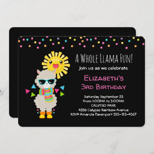 Cool Llama and Smiling Kawaii Sun Birthday Invitation