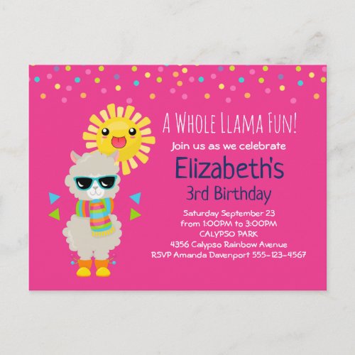 Cool Llama and Smiling Kawaii Sun Birthday Invitation Postcard