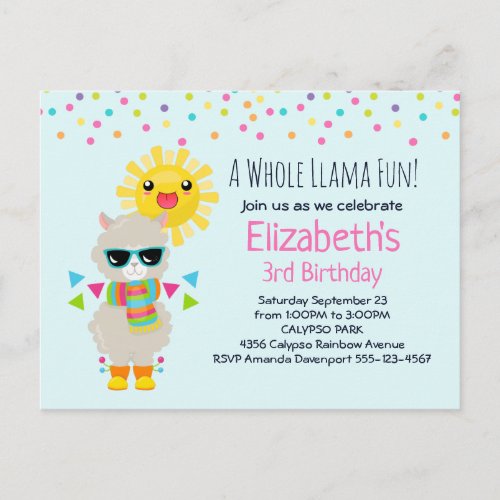Cool Llama and Smiling Kawaii Sun Birthday Invitation Postcard