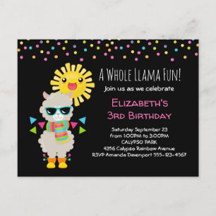 Cool Llama and Smiling Kawaii Sun Birthday Invitation Postcard