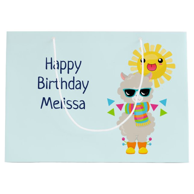 Cool Llama and Smiling Kawaii Sun Birthday Large Gift Bag (Front)