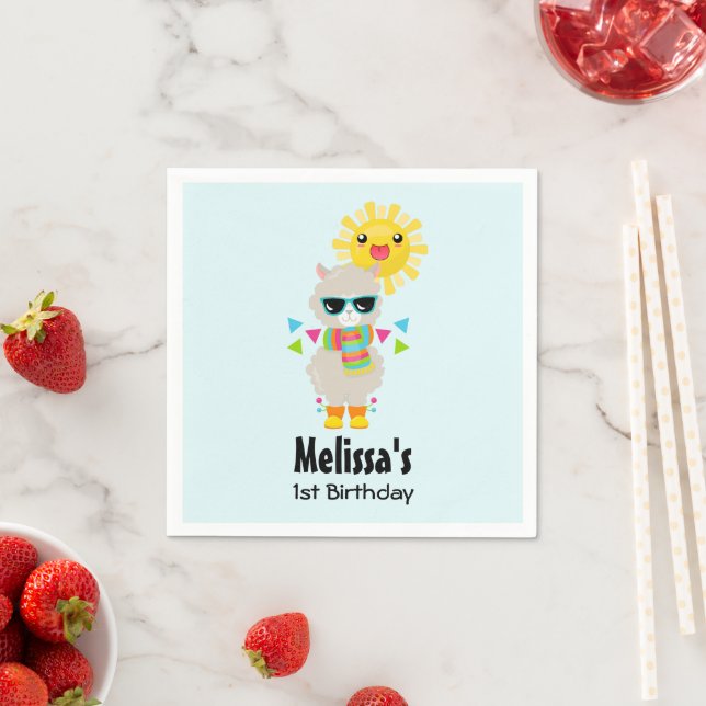 Cool Llama and Smiling Kawaii Sun Birthday Napkins (Insitu)