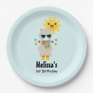 Cool Llama and Smiling Kawaii Sun Birthday Paper Plates