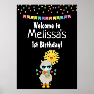 Cool Llama and Smiling Kawaii Sun Birthday Poster