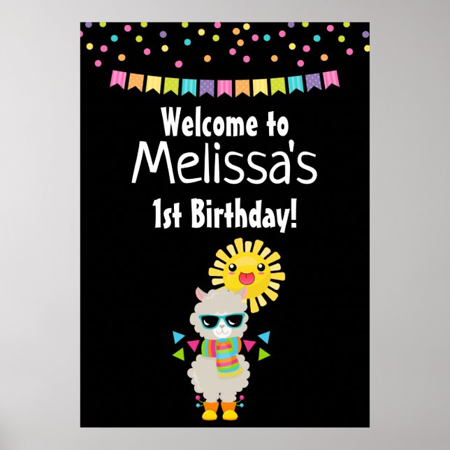 Cool Llama and Smiling Kawaii Sun Birthday Poster (Front)