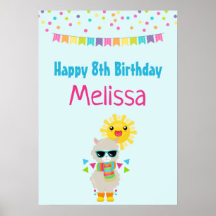Cool Llama and Smiling Kawaii Sun Birthday Poster