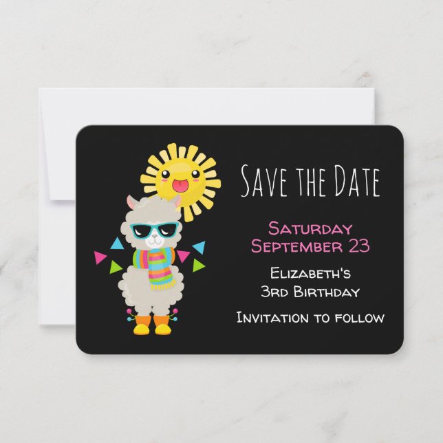 Cool Llama and Smiling Kawaii Sun Birthday Save The Date (Front)