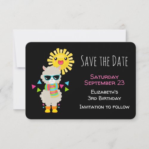 Cool Llama and Smiling Kawaii Sun Birthday Save The Date