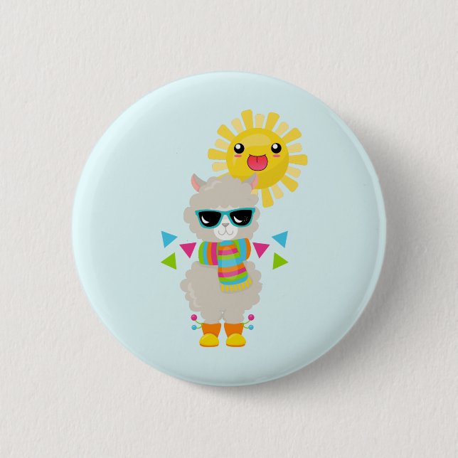 Cool Llama and Smiling Kawaii Sun Button (Front)