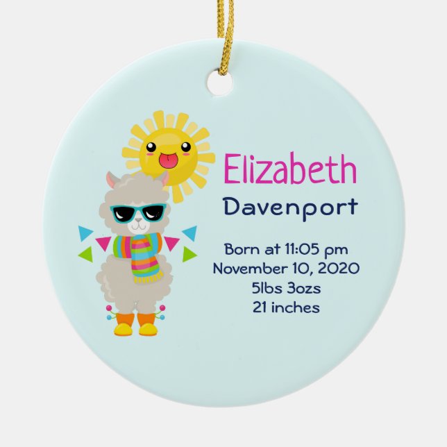 Cool Llama and Smiling Kawaii Sun Ceramic Ornament (Front)