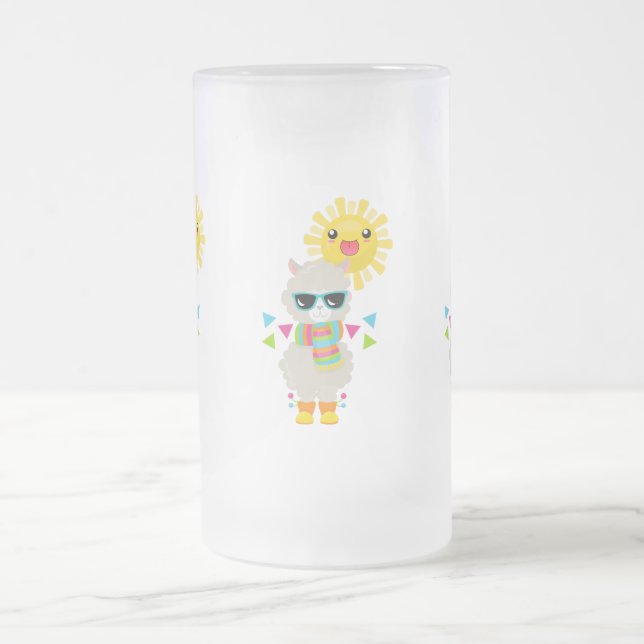 Cool Llama and Smiling Kawaii Sun Frosted Glass Beer Mug (Center)