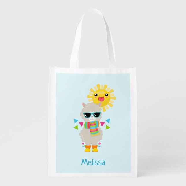 Cool Llama and Smiling Kawaii Sun Grocery Bag (Front)