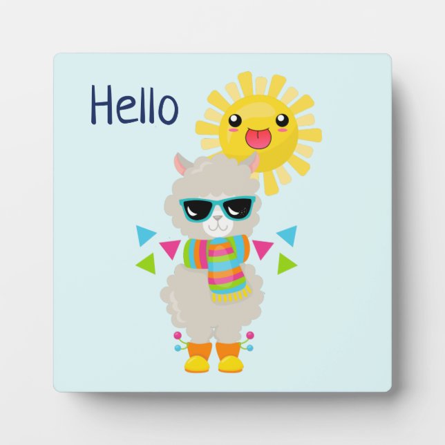 Cool Llama and Smiling Kawaii Sun Hello Plaque (Front)
