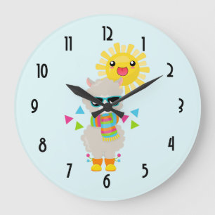 Cool Llama and Smiling Kawaii Sun Large Clock