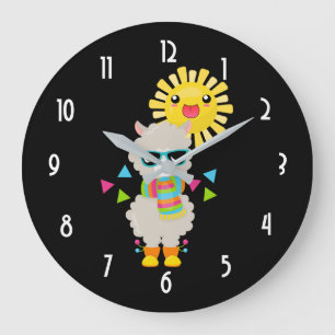 Cool Llama and Smiling Kawaii Sun Large Clock