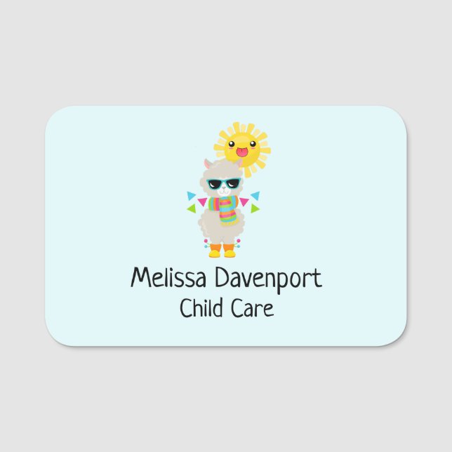 Cool Llama and Smiling Kawaii Sun Name Tag (Front)