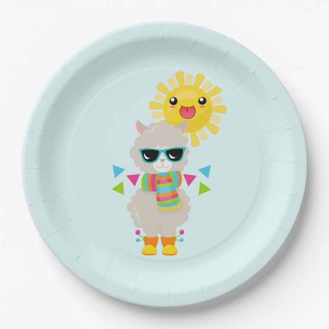 Cool Llama and Smiling Kawaii Sun Paper Plates (Front)