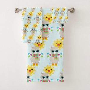 Cool Llama and Smiling Kawaii Sun Pattern Bath Towel Set