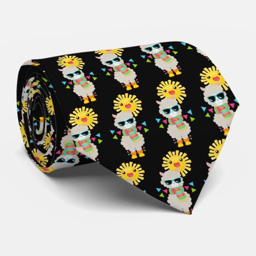 Cool Llama and Smiling Kawaii Sun Pattern Neck Tie