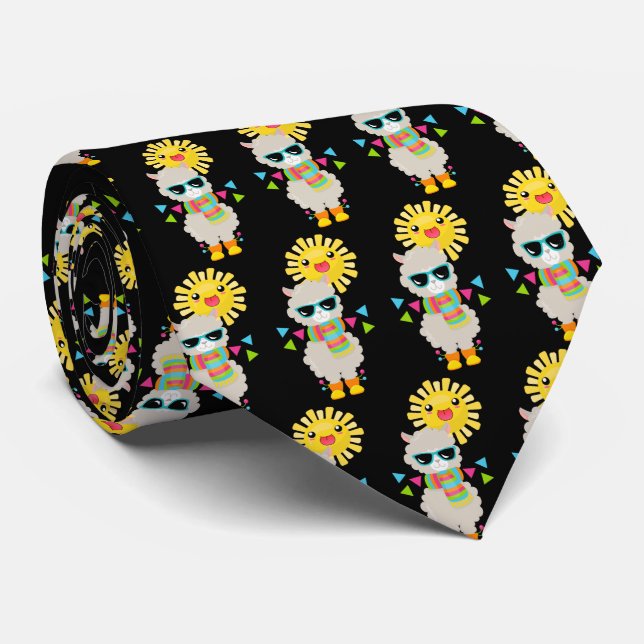 Cool Llama and Smiling Kawaii Sun Pattern Neck Tie (Rolled)
