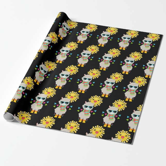 Cool Llama and Smiling Kawaii Sun Pattern Wrapping Paper (Unrolled)