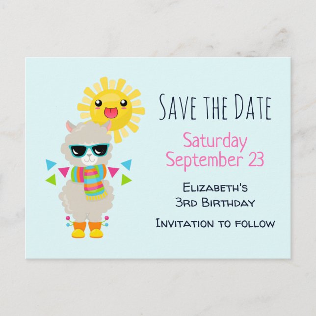 Cool Llama and Smiling Kawaii Sun Save the Date Invitation Postcard (Front)