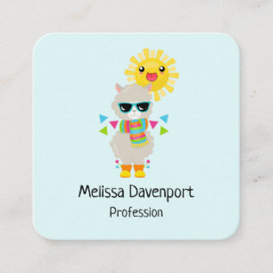 Cool Llama and Smiling Kawaii Sun Square Business Card