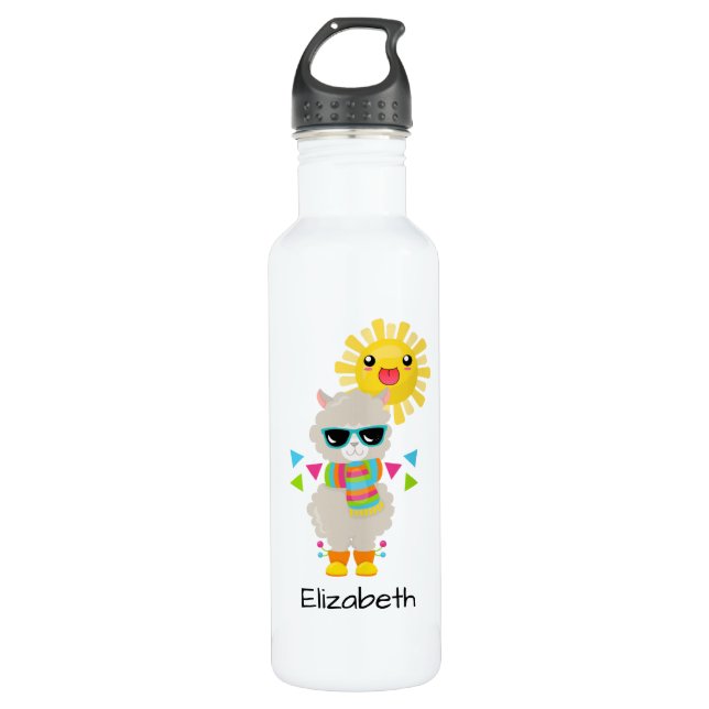 Cool Llama and Smiling Kawaii Sun Stainless Steel Water Bottle (Front)