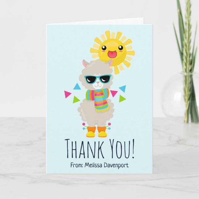 Cool Llama and Smiling Kawaii Sun Thank You Card (Front)