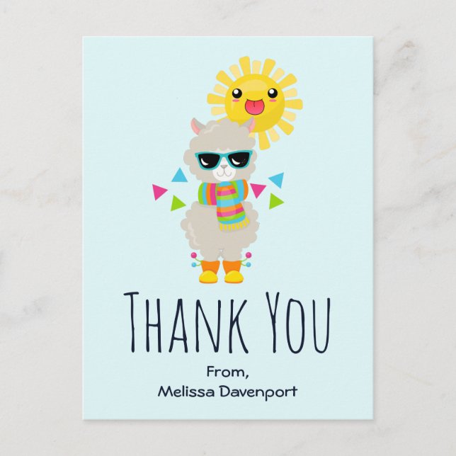 Cool Llama and Smiling Kawaii Sun Thank You Postcard (Front)