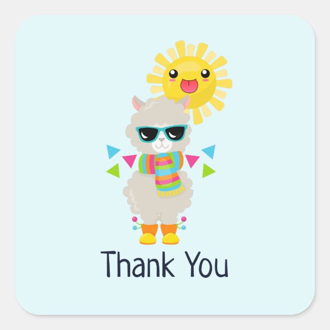 Cool Llama and Smiling Kawaii Sun Thank You Square Sticker (Front)
