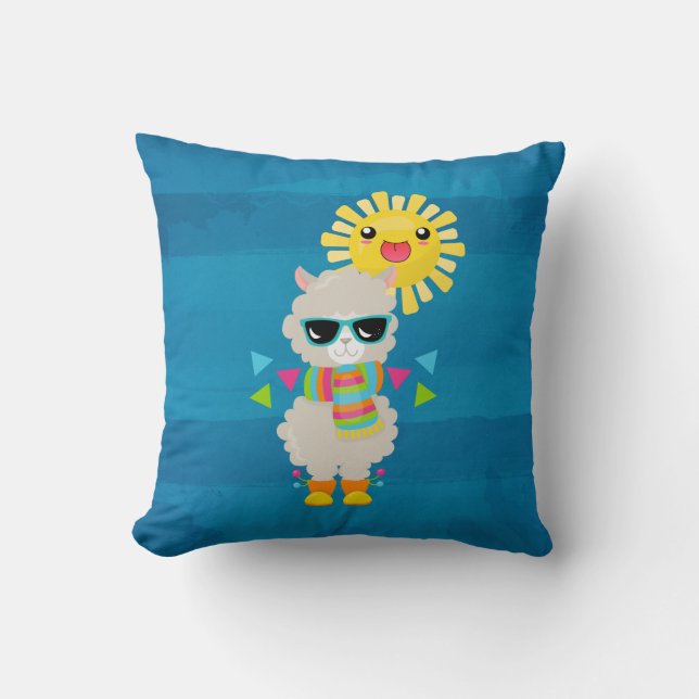 Cool Llama and Smiling Kawaii Sun Throw Pillow (Front)