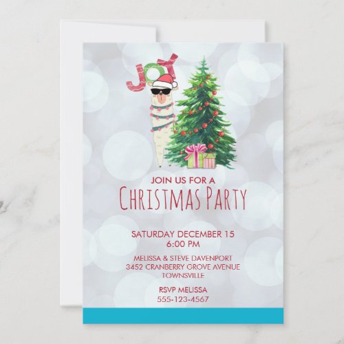 Cool Llama  Christmas Tree with Presents Party Invitation